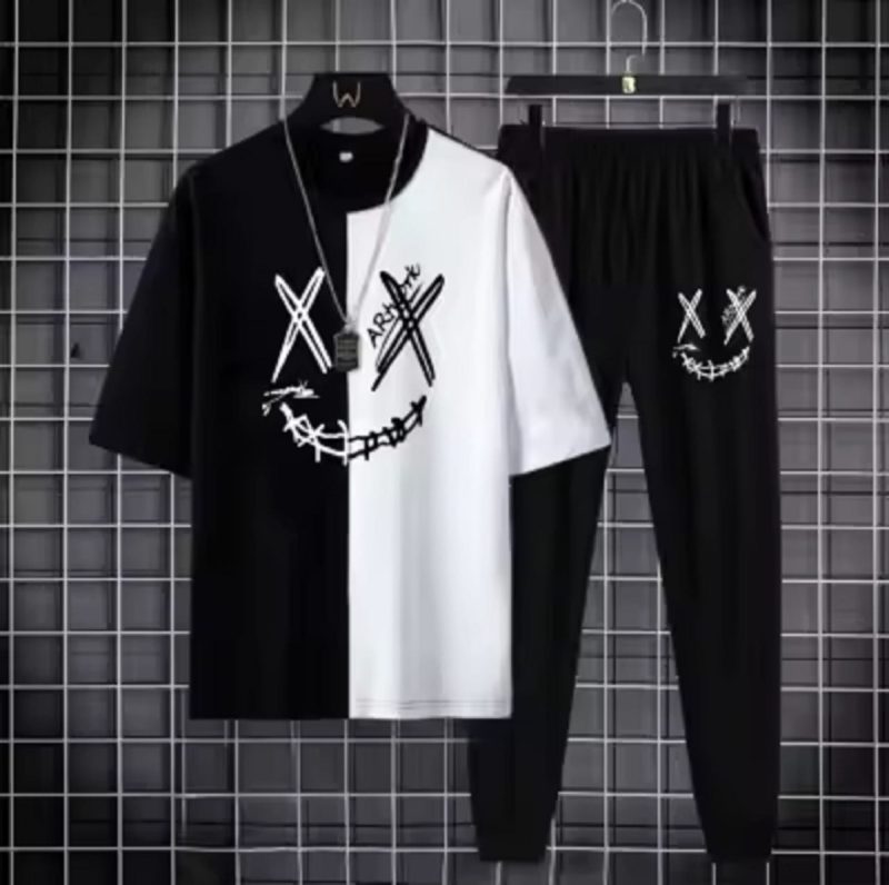 Black & white smiley printed summer tracksuit for men and boys